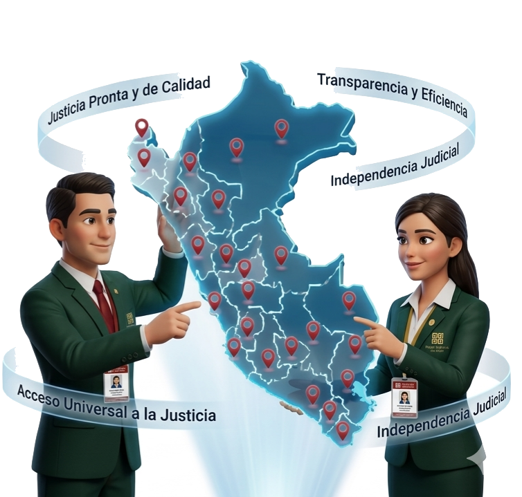 Funcionarios del Poder Judicial señalando el mapa del Perú con sedes judiciales